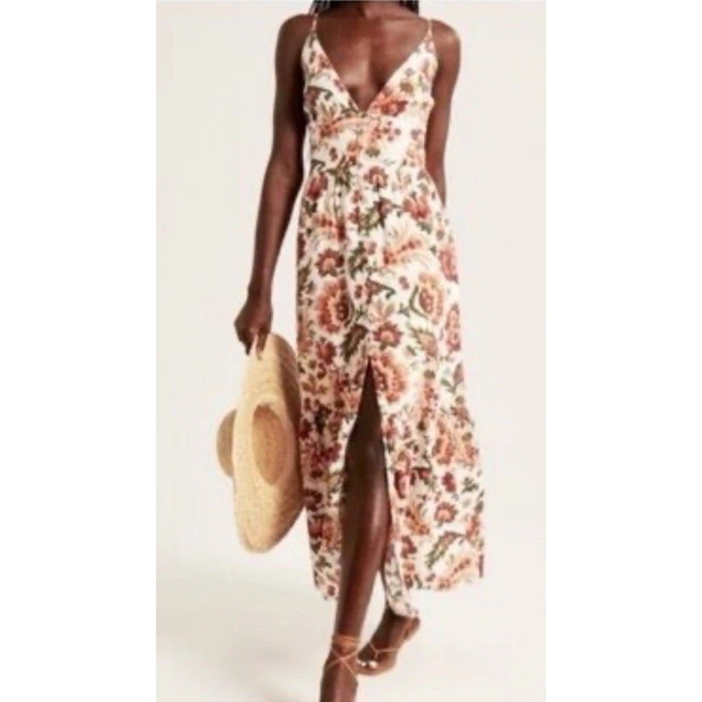 Abercrombie & Fitch Floral Linen Blend Maxi Dress Tiered Button Front, Large P - Picture 2 of 7